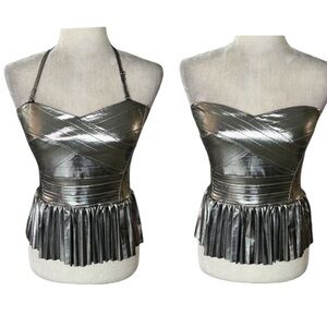 NWT Sincerely Jules Metallic Silver Strapless Halter Pleated Peplum Crop Top - M